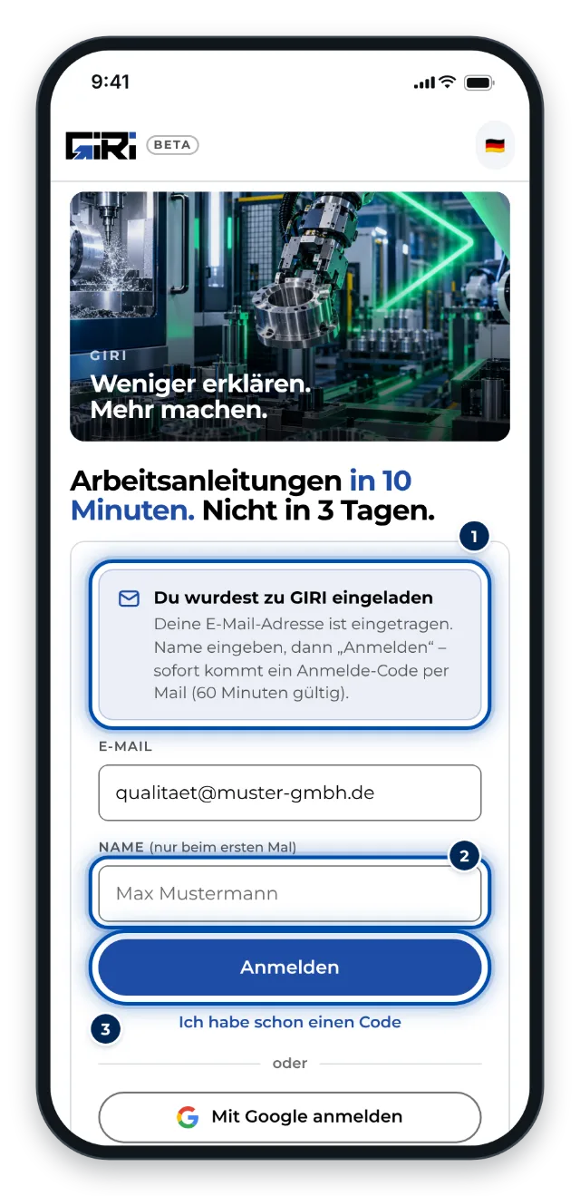 So sieht die eingeladene Person die Anmeldeseite, die Adresse ist schon eingetragen