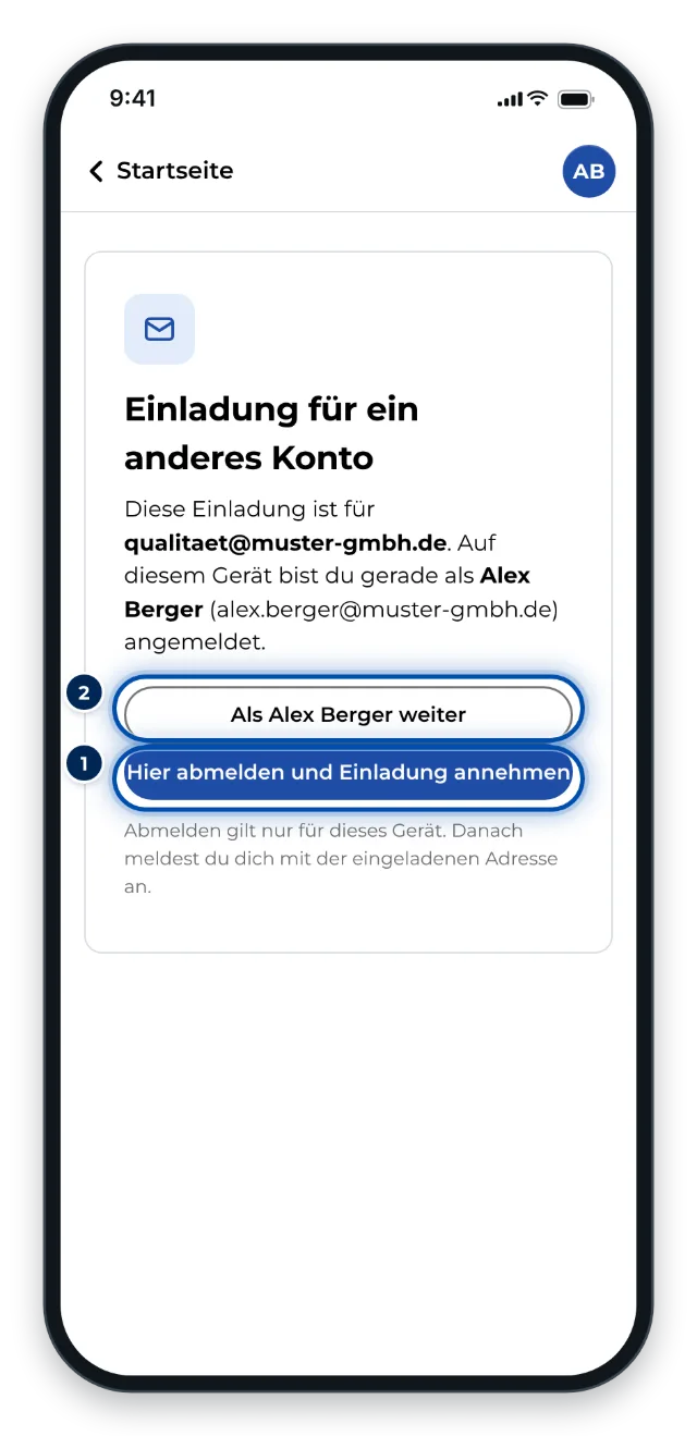 Die Einladung gilt einem anderen Konto als dem, das gerade angemeldet ist