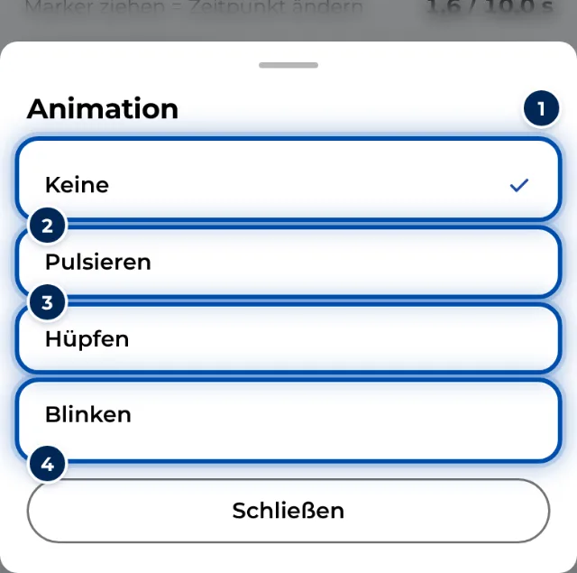 Die Auswahl Animation am Handy mit Keine, Pulsieren, Hüpfen und Blinken