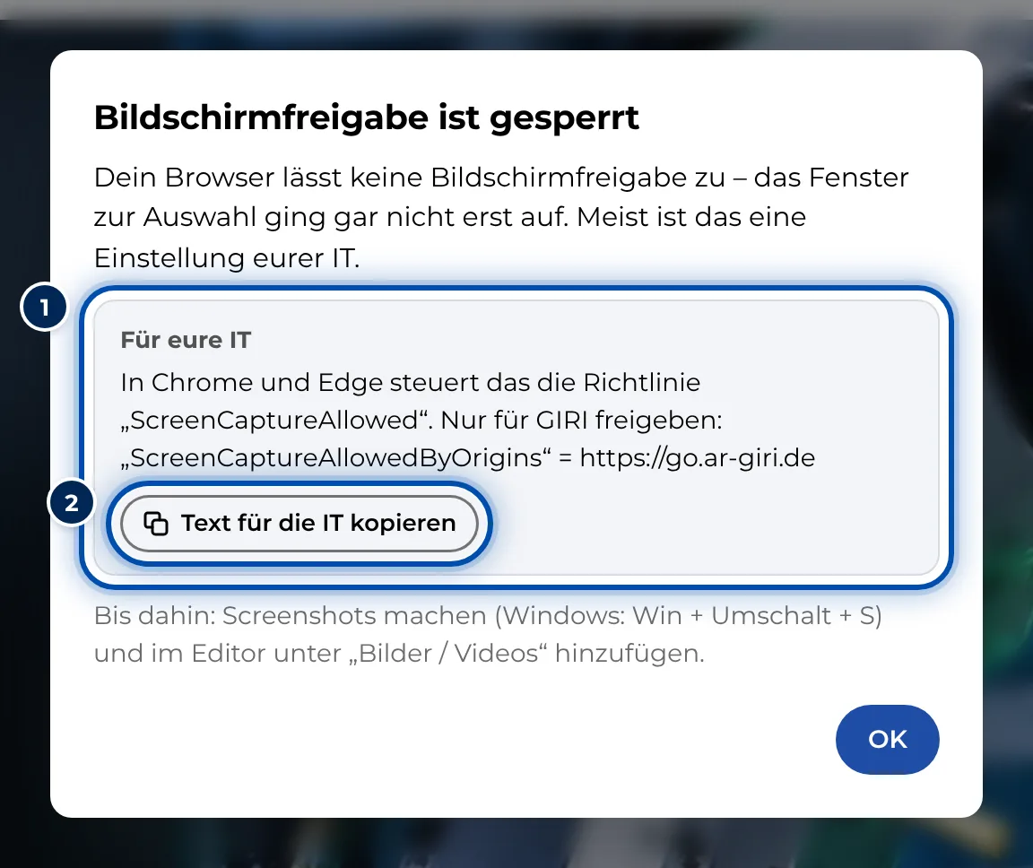 Sperrt eine Richtlinie die Bildschirmfreigabe, zeigt GIRI die Einstellung und einen Text für eure IT