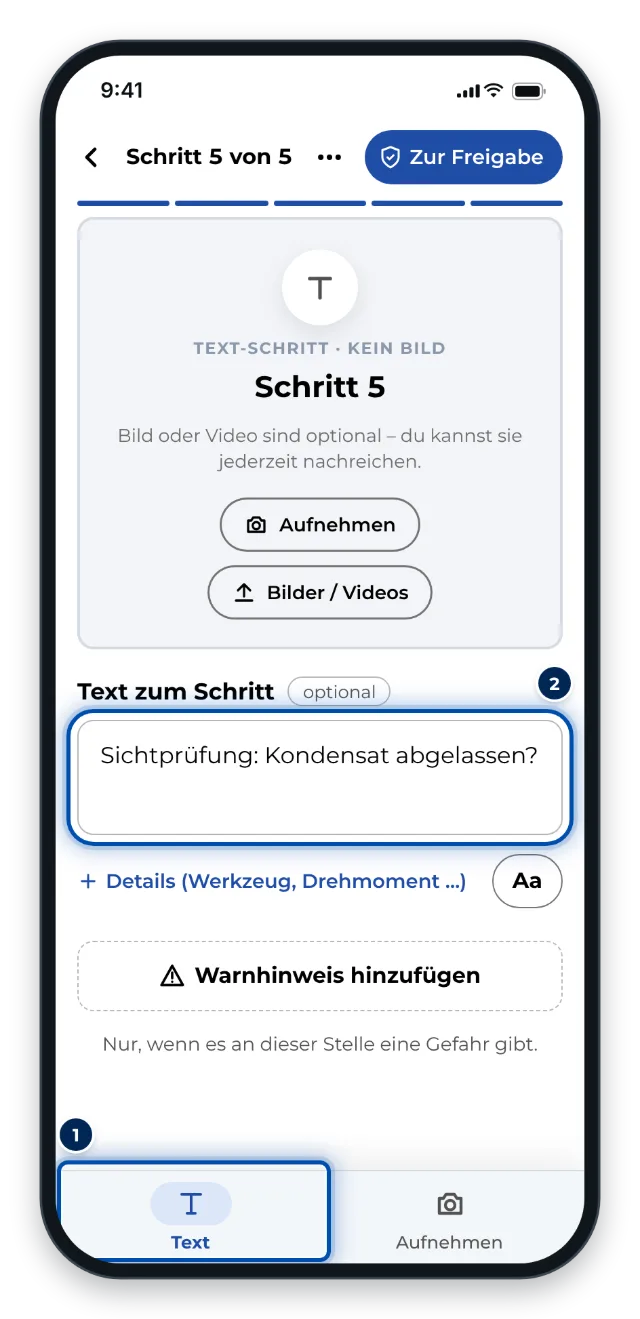 Ein neuer Text-Schritt am Handy im Reiter Text