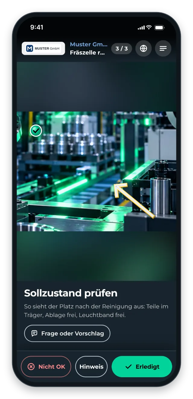 Sollzustand nach der Reinigung am Handy: Haken und Pfeil markieren die kritischen Stellen