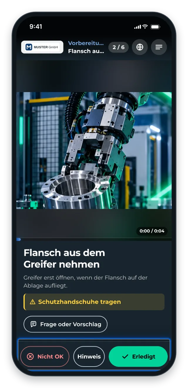 Unten sind die Knöpfe Nicht OK, Hinweis und Erledigt