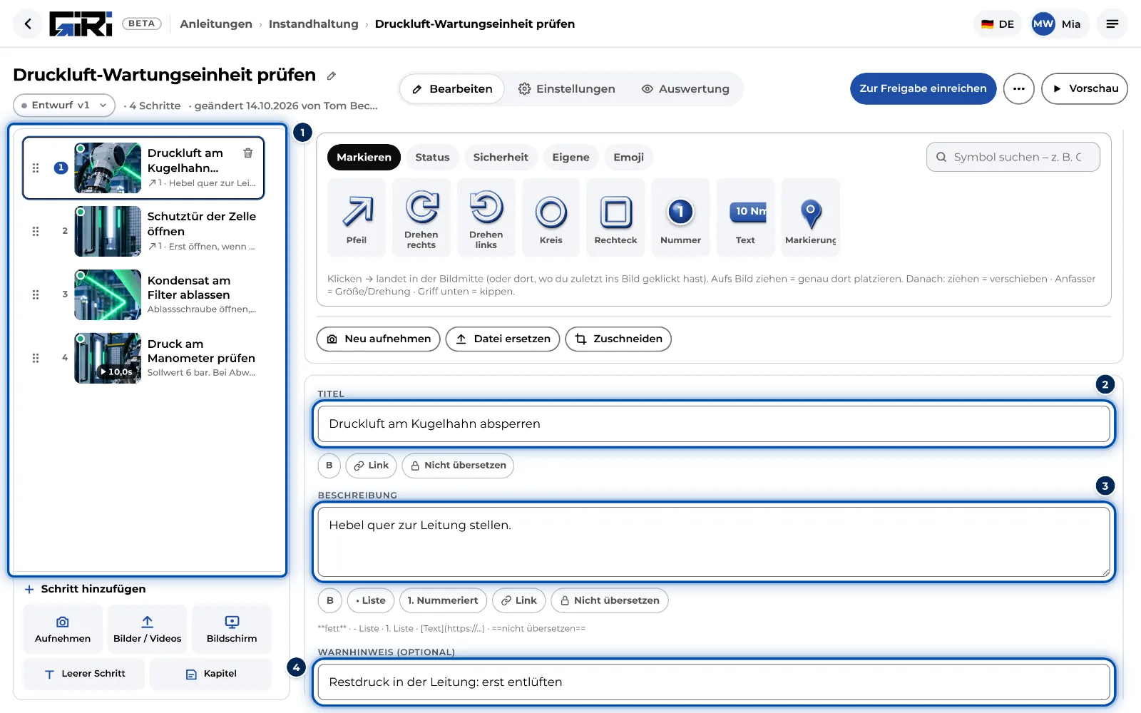 Der Editor am PC: links die Schritte, rechts Bild, Titel, Beschreibung und Warnhinweis