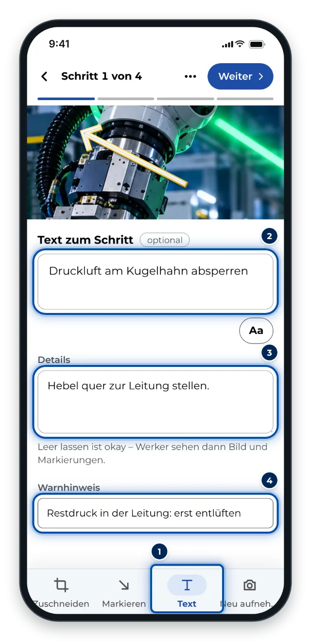 Der Reiter Text am Handy mit Titel, Details und Warnhinweis