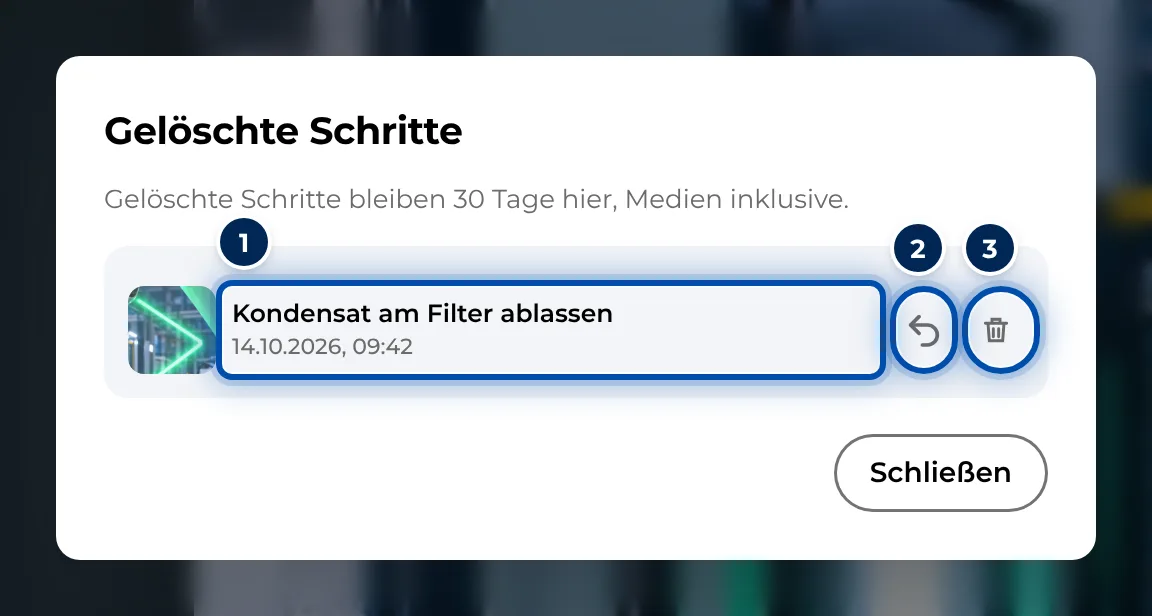 Der Dialog Gelöschte Schritte mit Wiederherstellen und Endgültig löschen