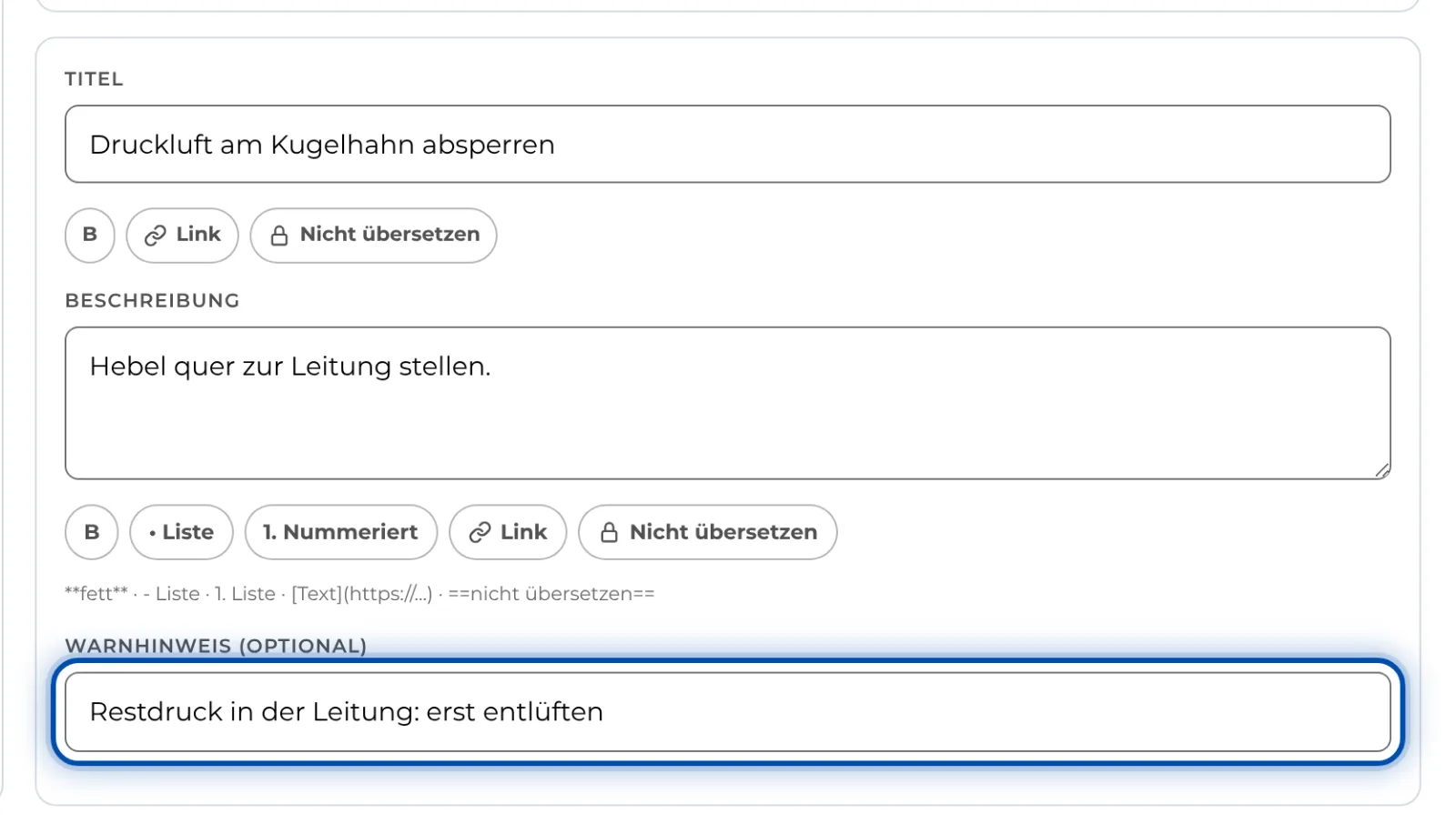 Titel, Beschreibung und Warnhinweis eines Schritts am PC