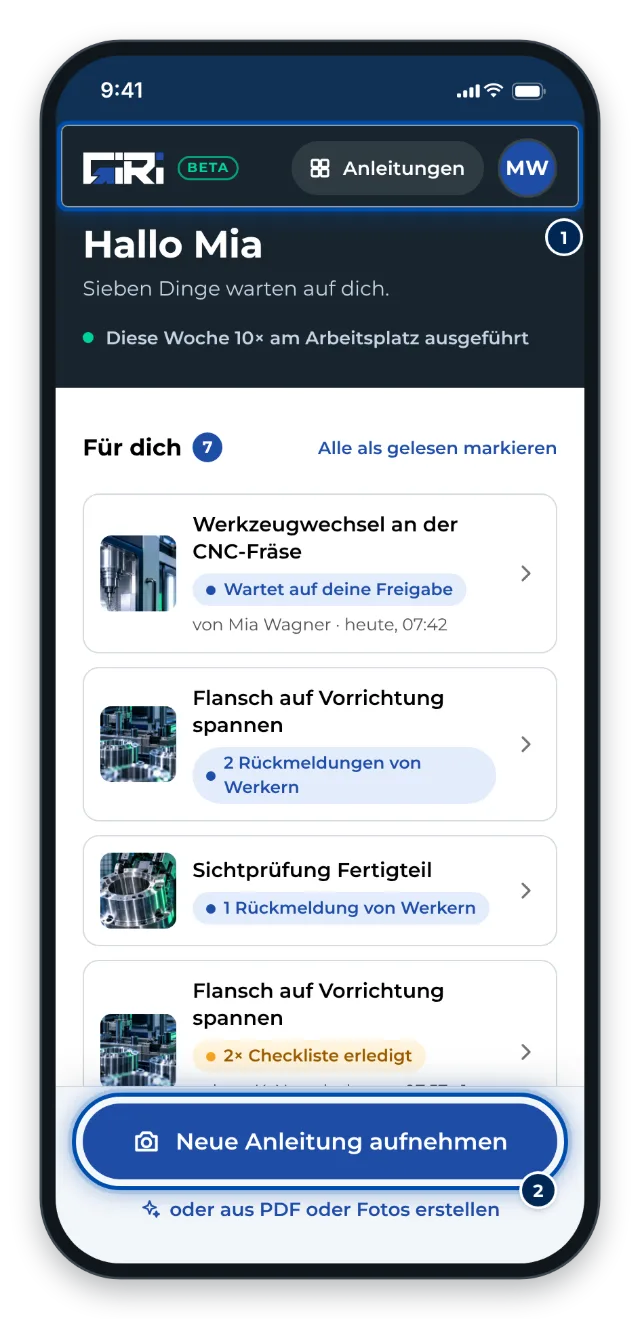 Die Startseite am Handy, sobald du im Workspace bist