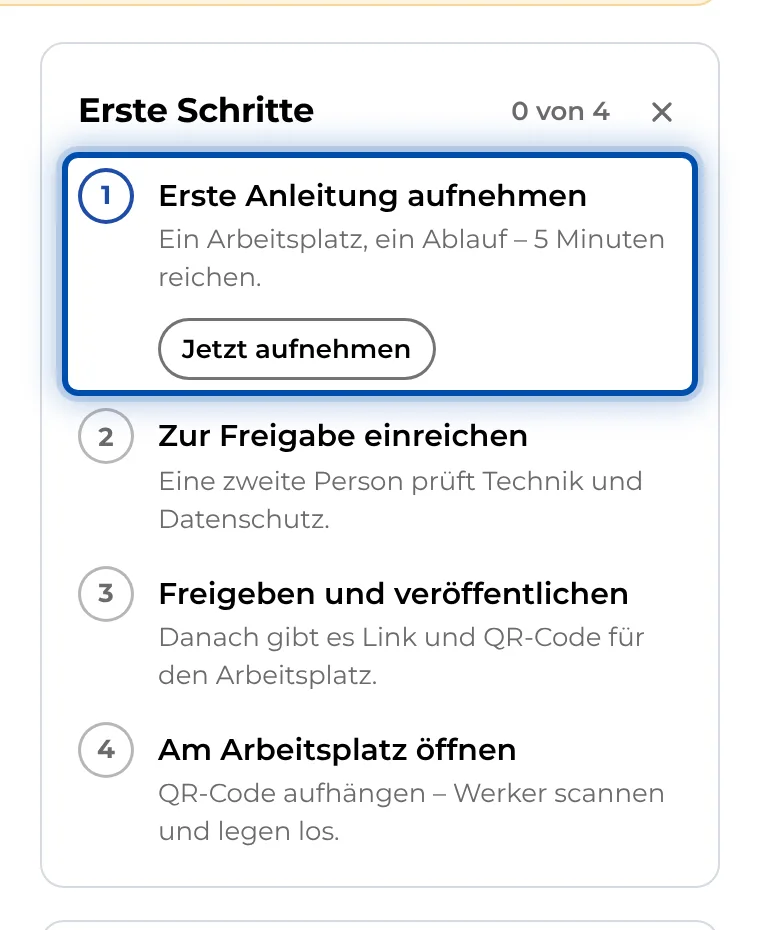 Die Karte Erste Schritte auf der Startseite am PC