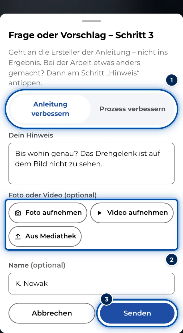Frage oder Vorschlag am Handy, auf Wunsch mit Foto