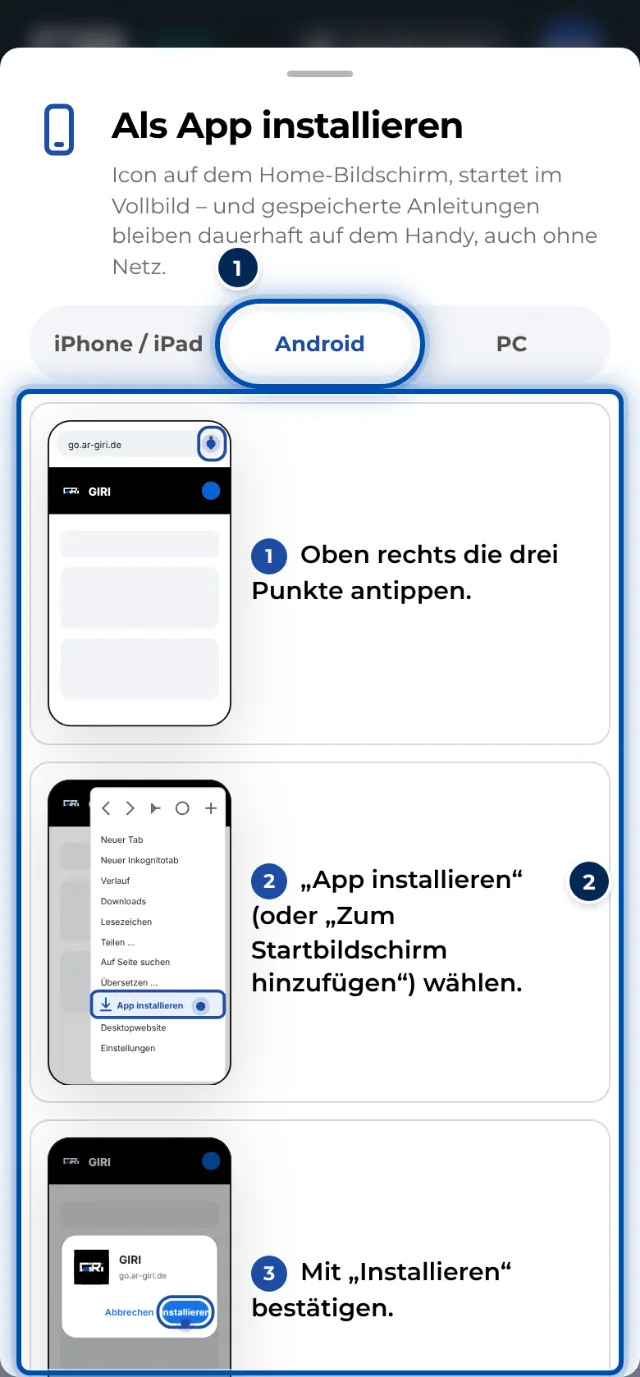 Die Installationsanleitung in GIRI für Android