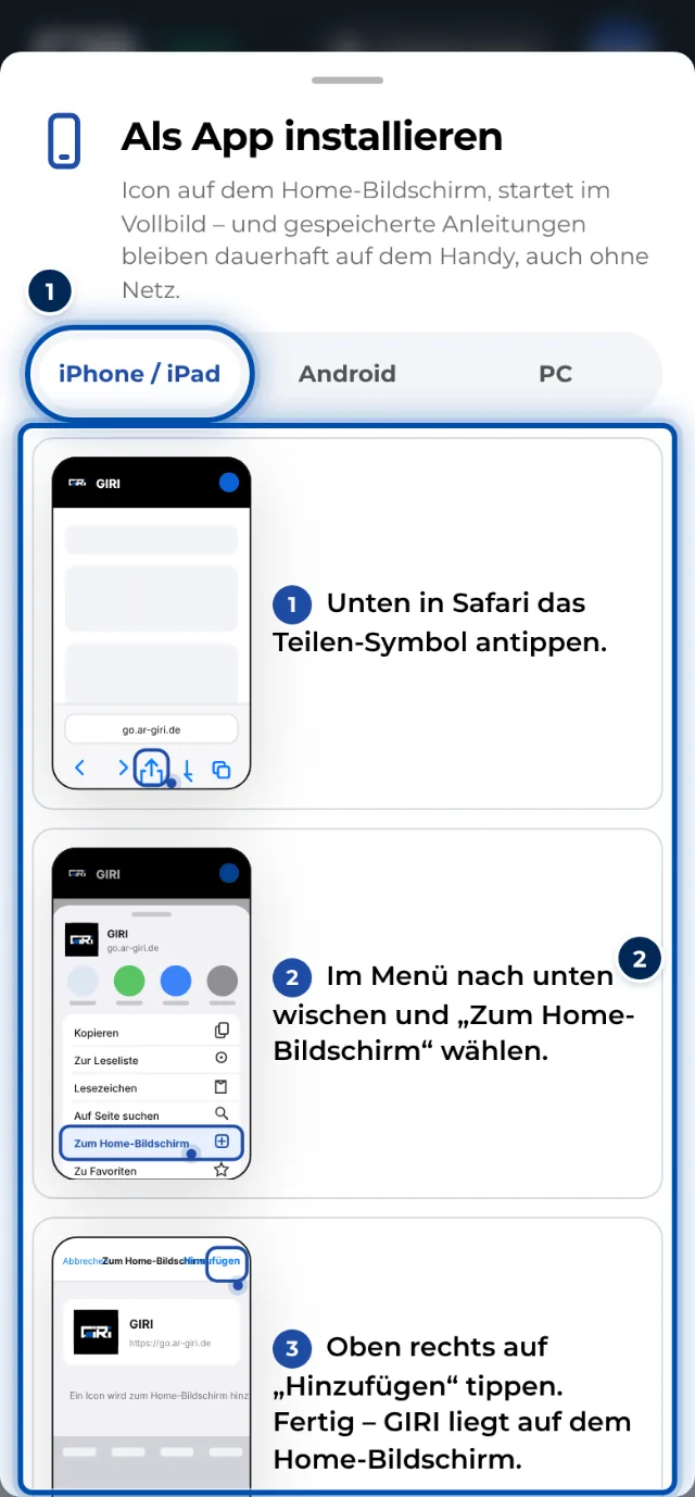 Als App installieren: GIRI zeigt jeden Handgriff, hier für das iPhone