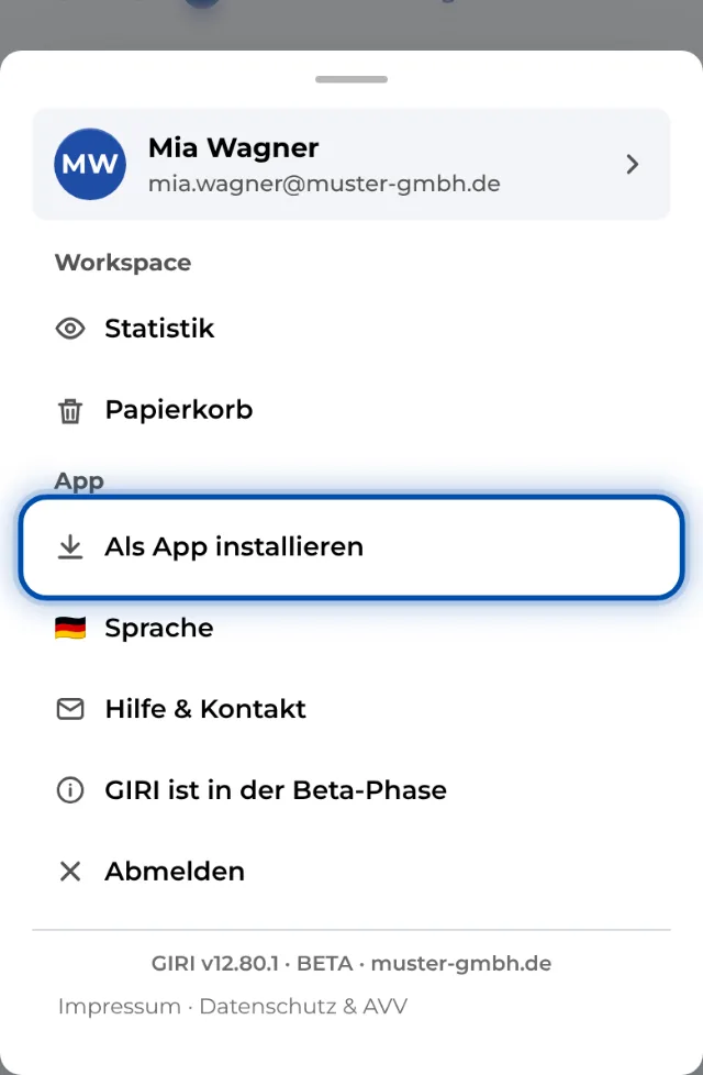 Als App installieren im Menü am Handy