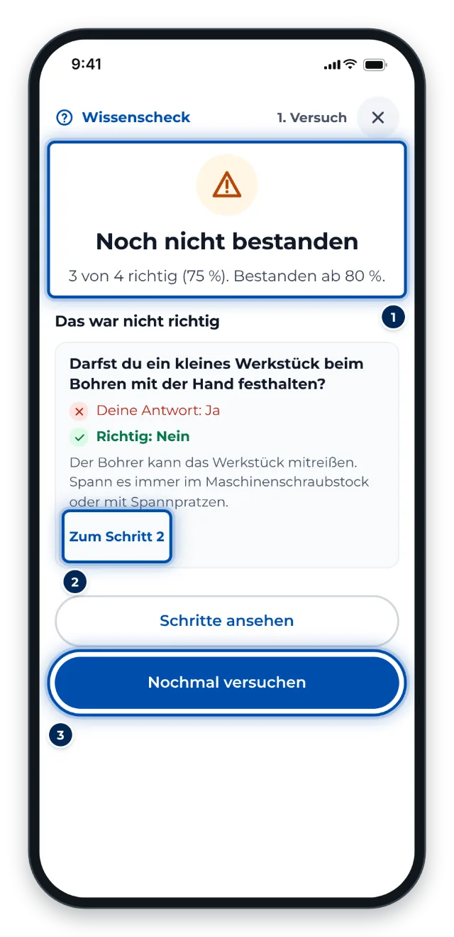 Noch nicht bestanden: die falsche Antwort, die richtige, warum und der Weg zum Schritt