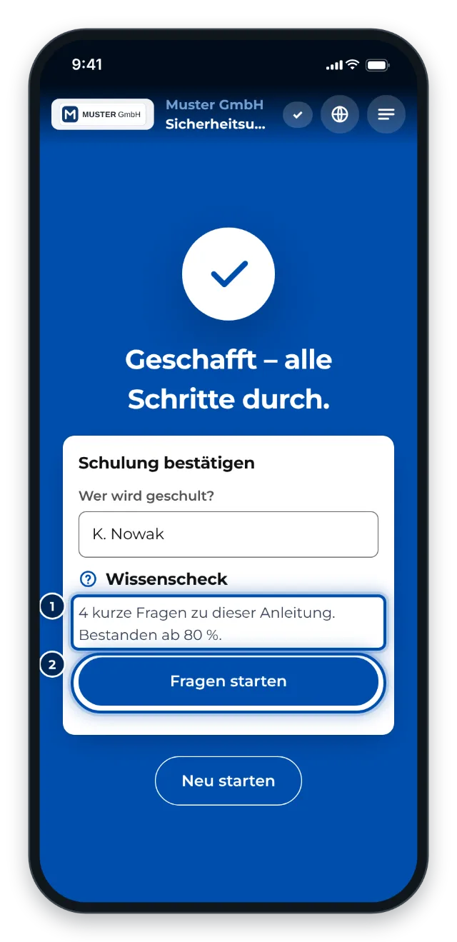 Am Ende der Schulung: der Wissenscheck mit vier Fragen vor der Unterschrift