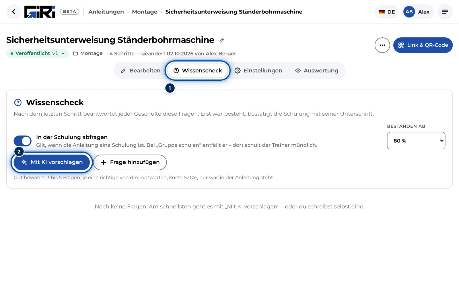 Der Reiter Wissenscheck einer Schulung, noch ohne Fragen