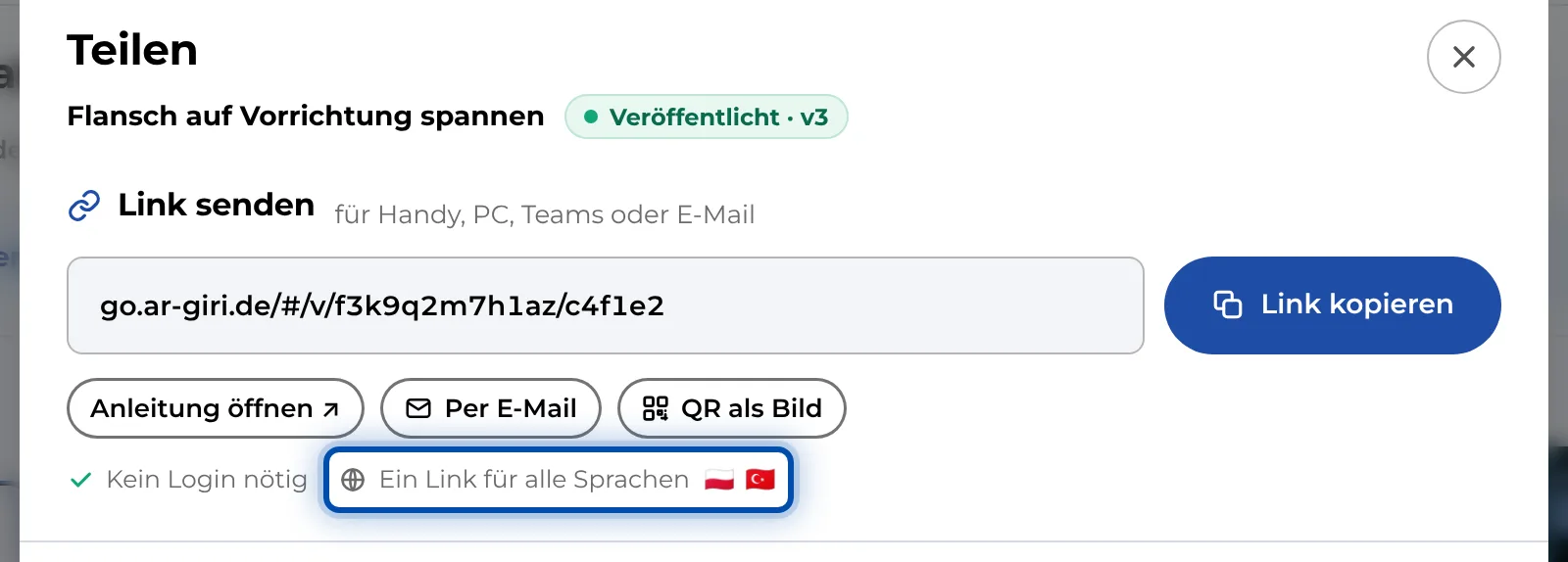 Im Dialog Teilen zeigen Flaggen die schon übersetzten Sprachen