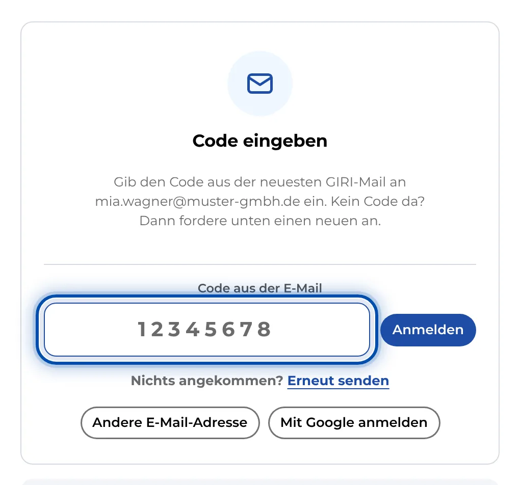 Das Code-Feld, geöffnet ohne neue Mail: Hier gibst du den Code aus der neuesten Mail ein