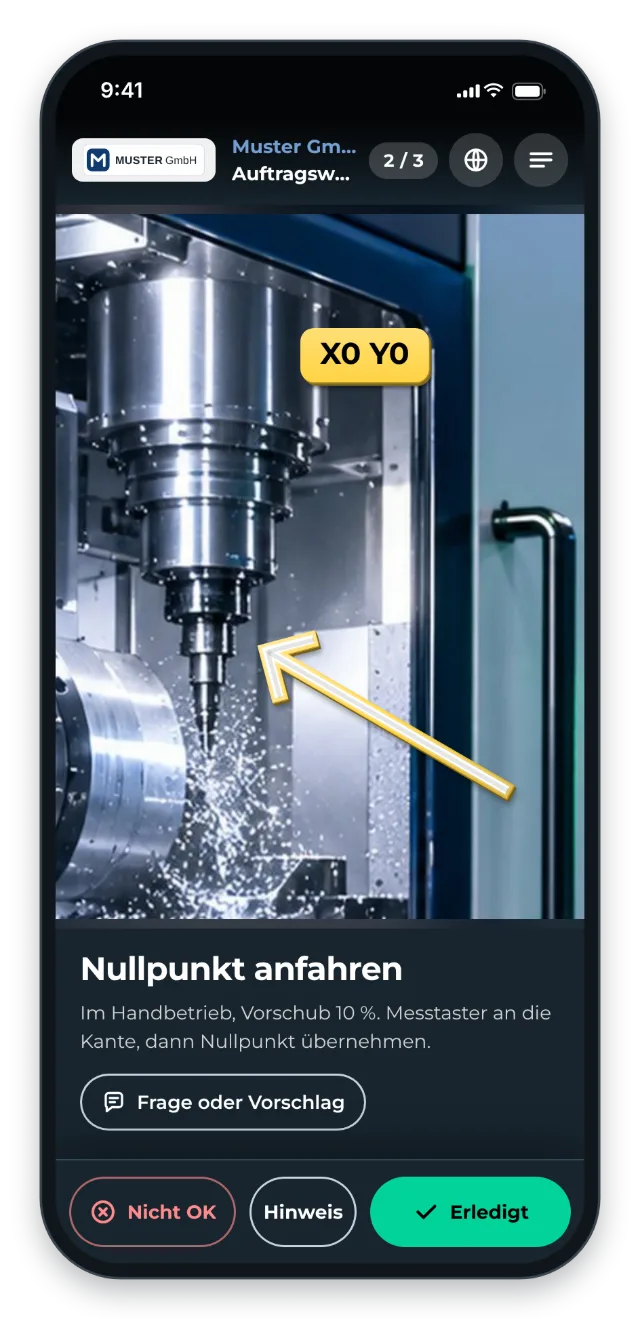 Auftragswechsel am Handy: Pfeil und Parameter im Bild zeigen den Nullpunkt