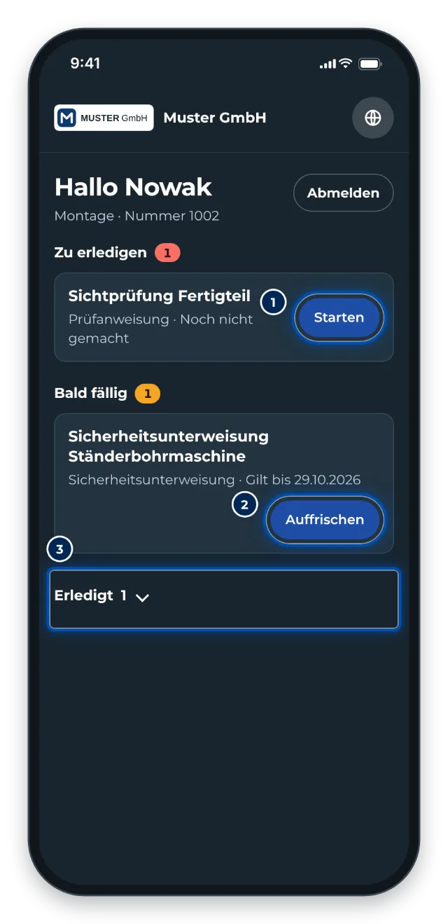 Handy: Meine Schulungen mit Zu erledigen, Bald fällig und Erledigt