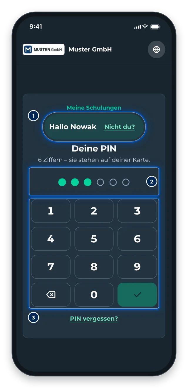 Handy: Hallo mit Name, darunter das Tastenfeld für die PIN