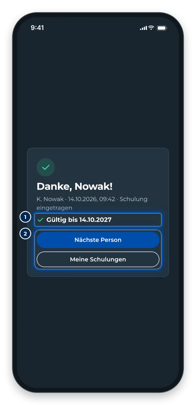 Handy: Danke mit Gültig bis und den Knöpfen Nächste Person und Meine Schulungen