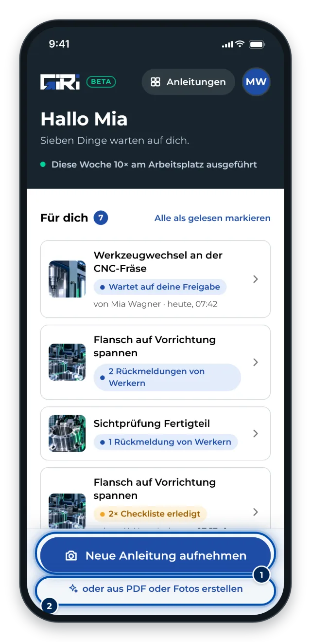 Die Startseite am Handy mit dem Knopf zum Aufnehmen einer neuen Anleitung