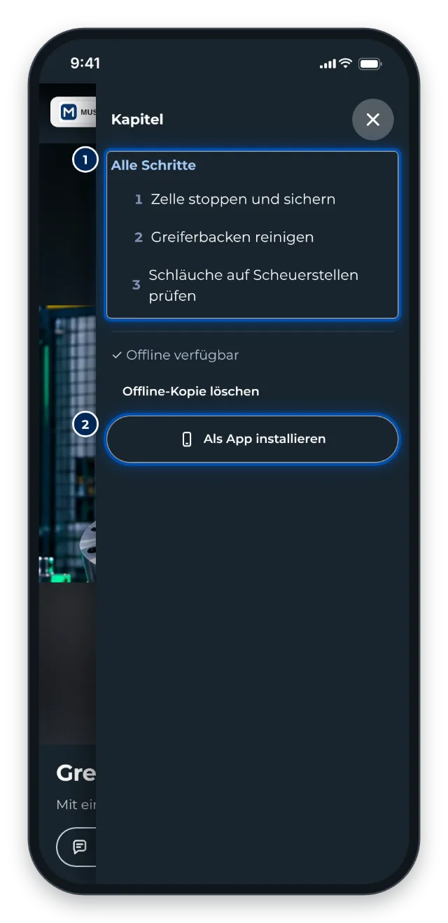 Das Menü mit allen Schritten und dem Knopf Als App installieren