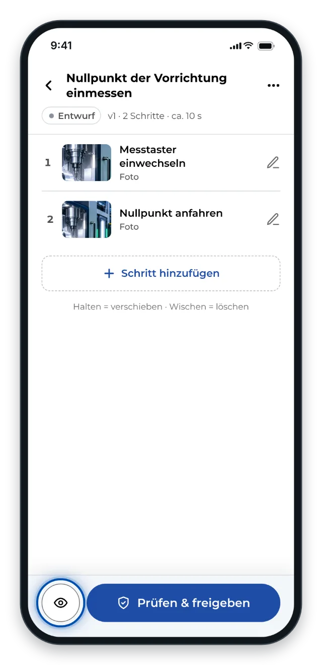Am Handy öffnet das Auge unten in der Schrittliste die Vorschau