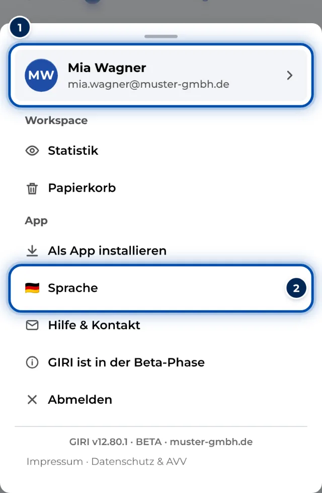 Das Menü am Handy mit deinem Namen ganz oben und der Sprache