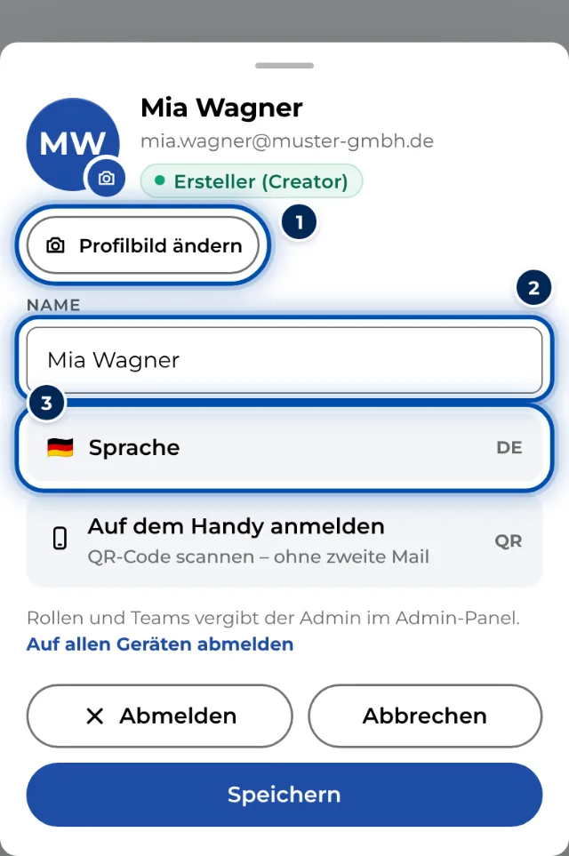 Das Profil am Handy mit Profilbild, Name und Sprache
