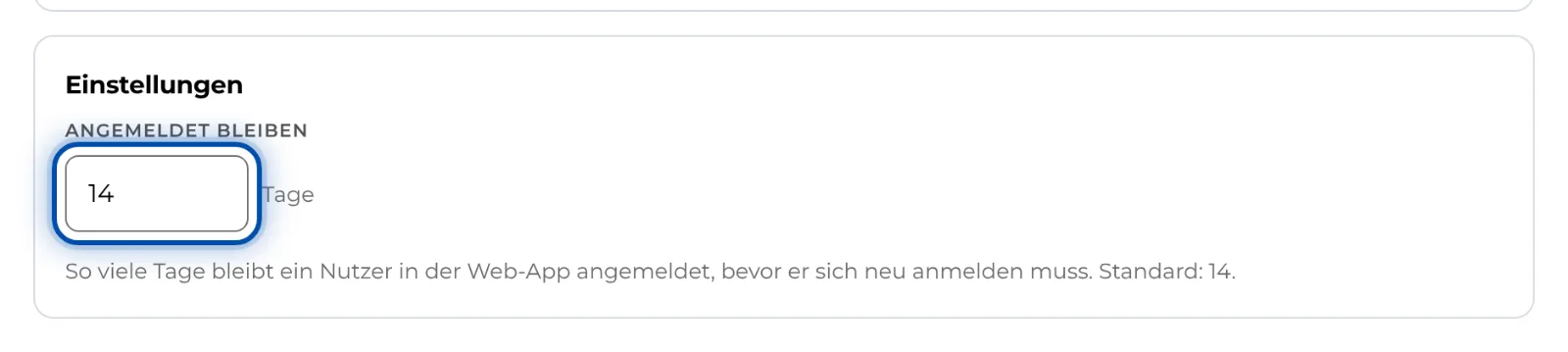 Karte Einstellungen mit dem Feld Angemeldet bleiben in Tagen