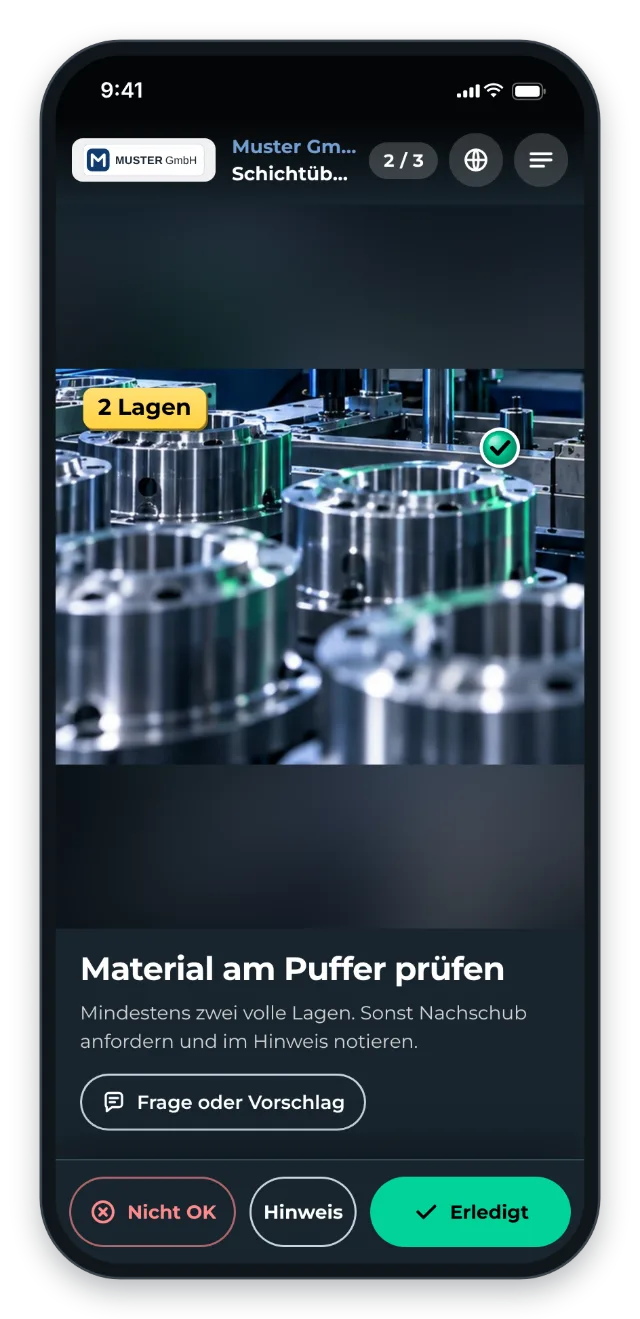 Übergabe am Handy: ein Schritt je Prüfpunkt, Hinweise für die nächste Schicht über Hinweis
