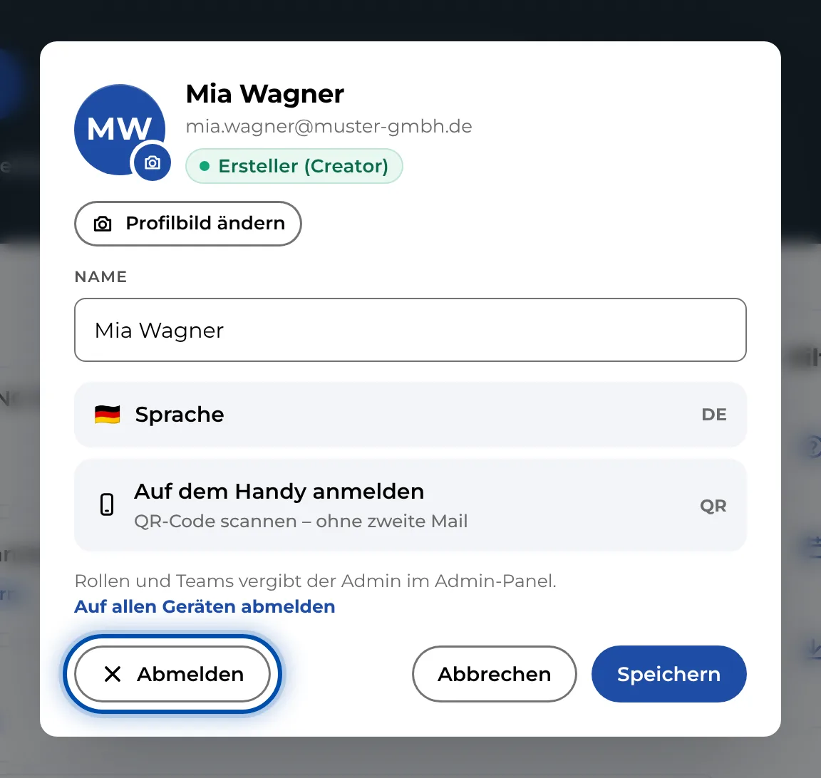 Abmelden unten links im Profil