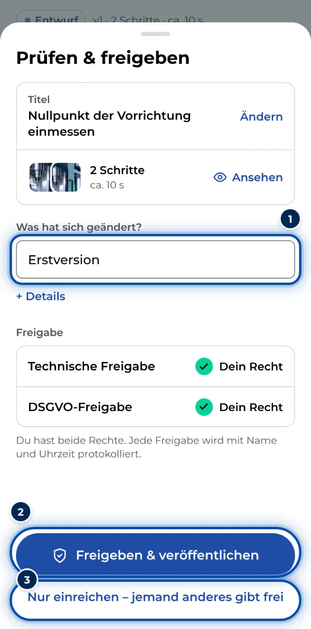 Das Fenster zum Einreichen am Handy mit Titel, Schritten und den Freigaben