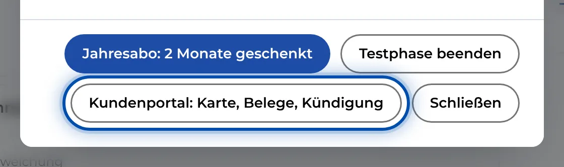 Knöpfe im Abo-Dialog während einer Testphase mit Karte