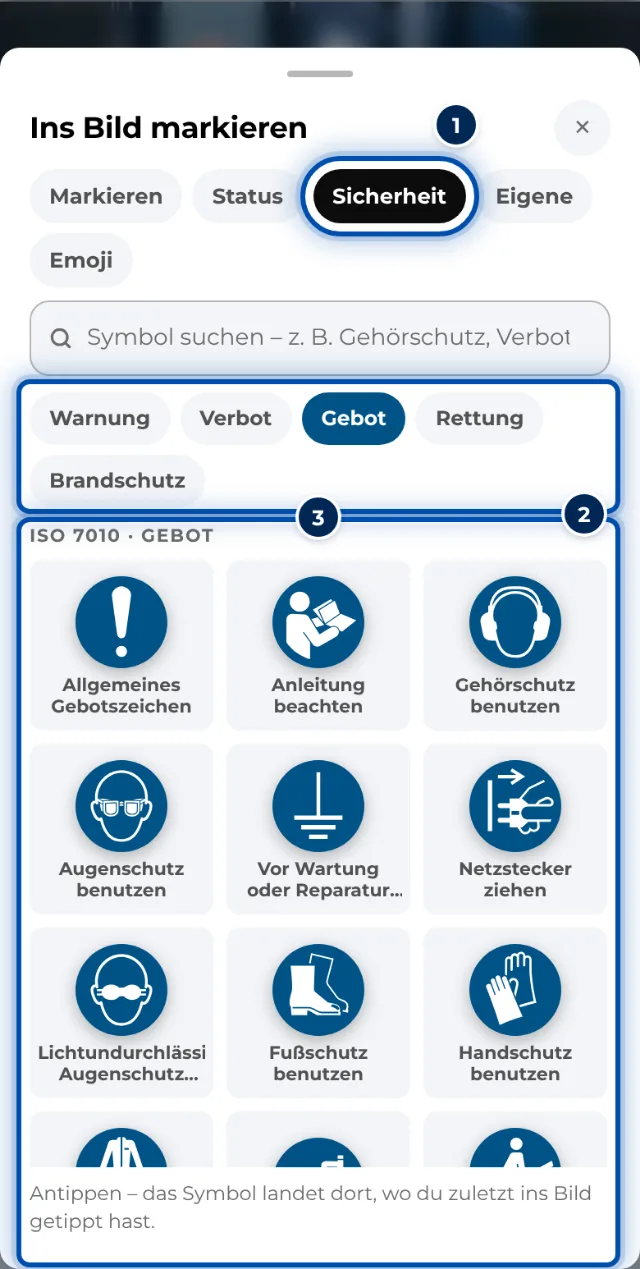 Die Bibliothek am Handy mit den Sicherheitszeichen nach ISO 7010