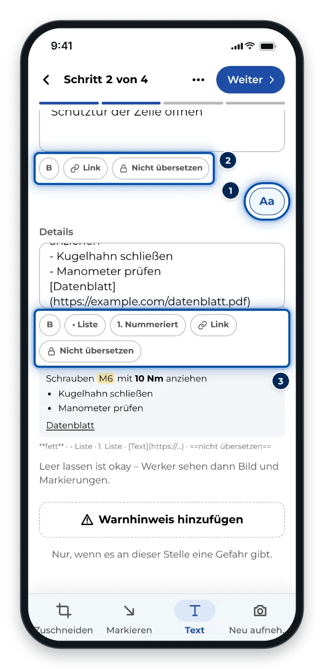 Der Reiter Text am Handy mit eingeblendeten Formatleisten