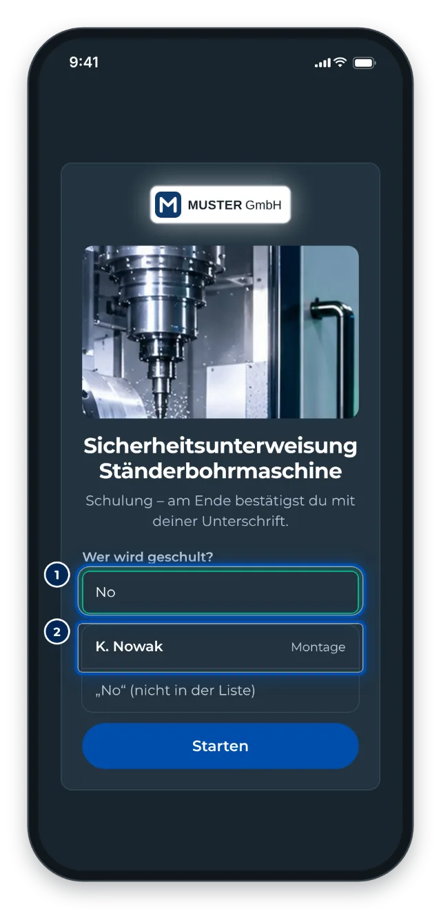 Handy: Start einer Schulung mit dem Feld Wer wird geschult und Namensvorschlägen