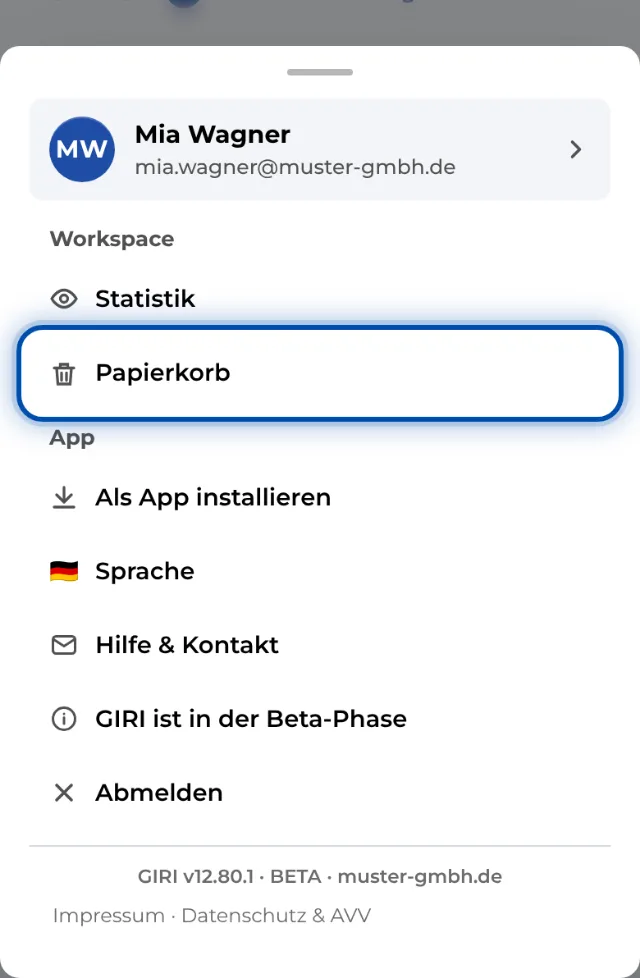 Im Menü unter Workspace findest du den Papierkorb