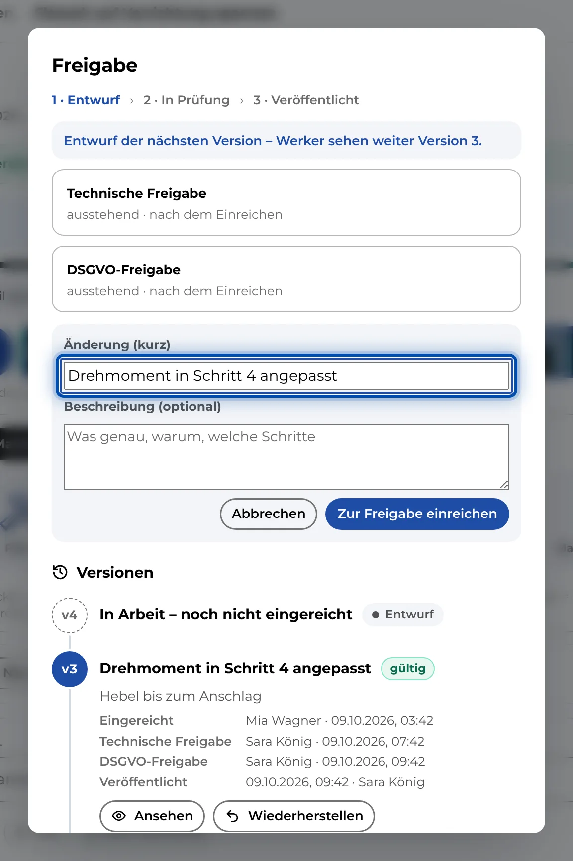 Beim Einreichen einer neuen Version muss die Änderung benannt werden