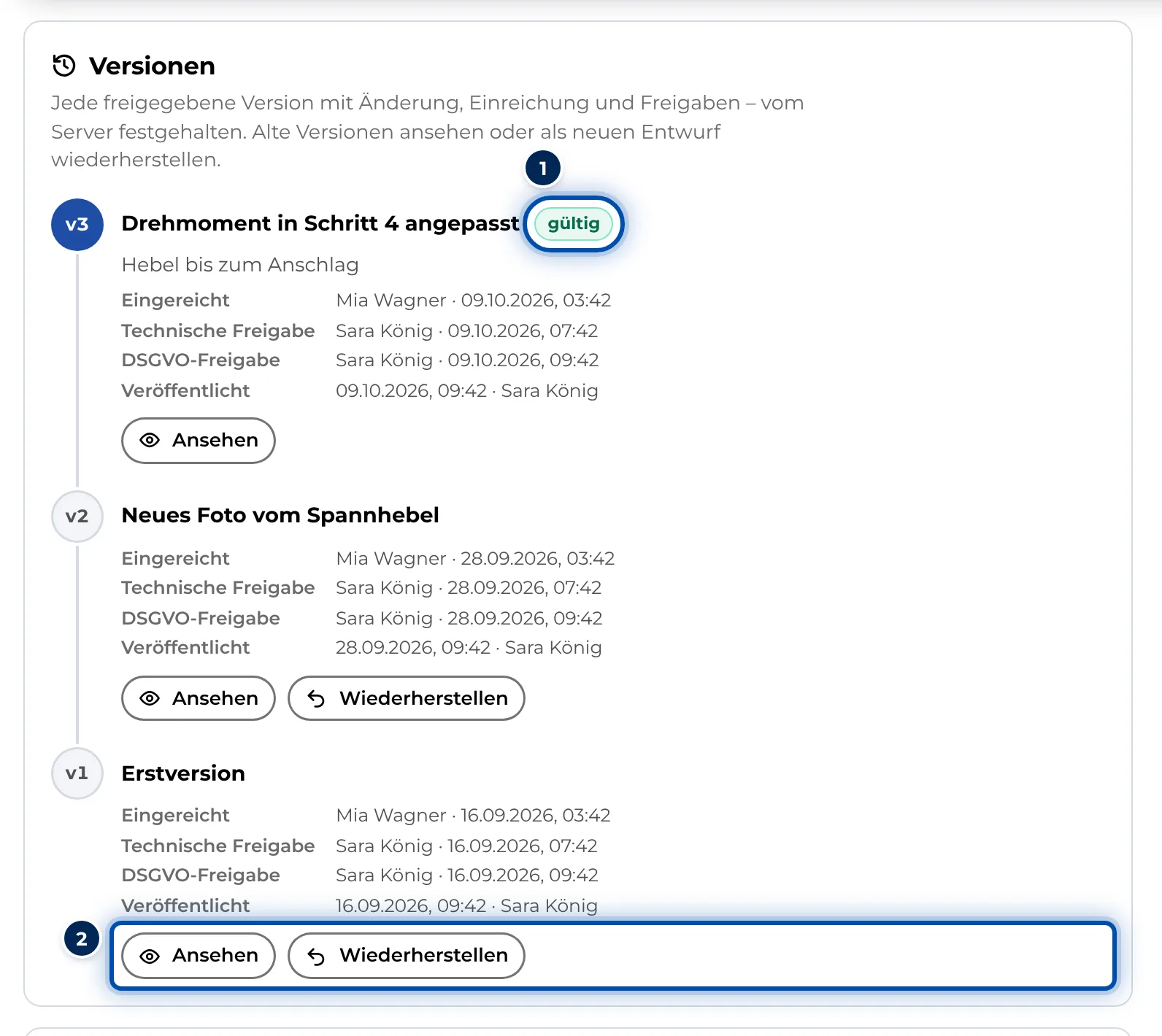 Die Liste der Versionen in den Einstellungen einer Anleitung