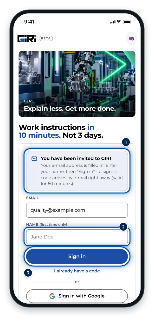 The sign-in page after tapping the button in the invitation email, with the address already filled in