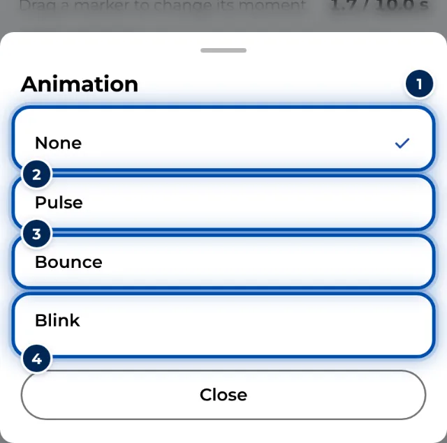 The Animation choice on a phone with None, Pulse, Bounce and Blink