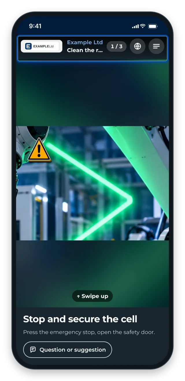 The worker view on a phone with logo, company name and accent colour