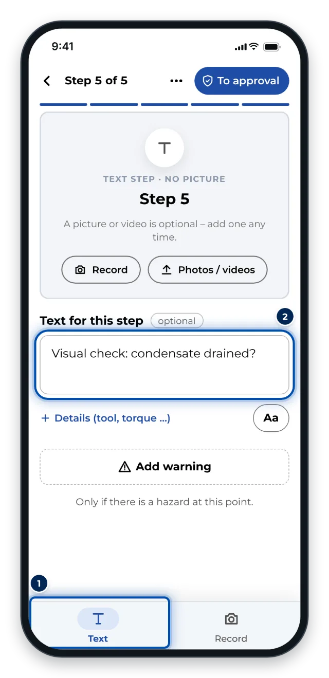 A new text-only step on a phone in the Text tab