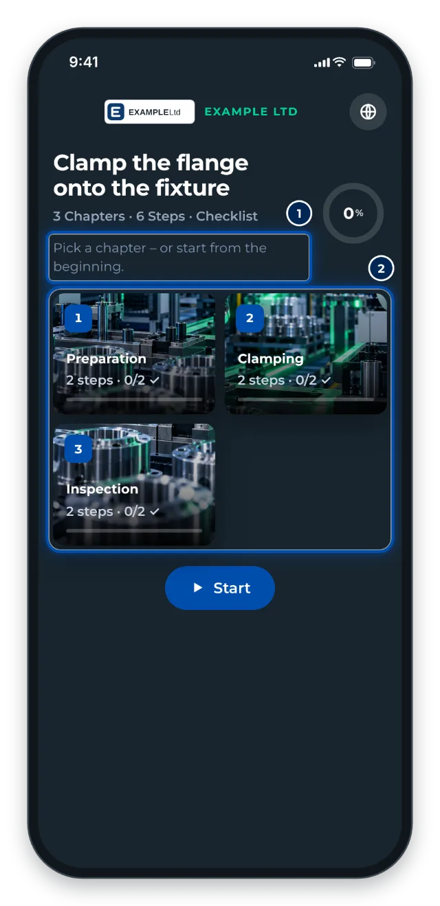 Your list becomes chapters: this is how a worker sees an instruction with 3 chapters and 6 steps