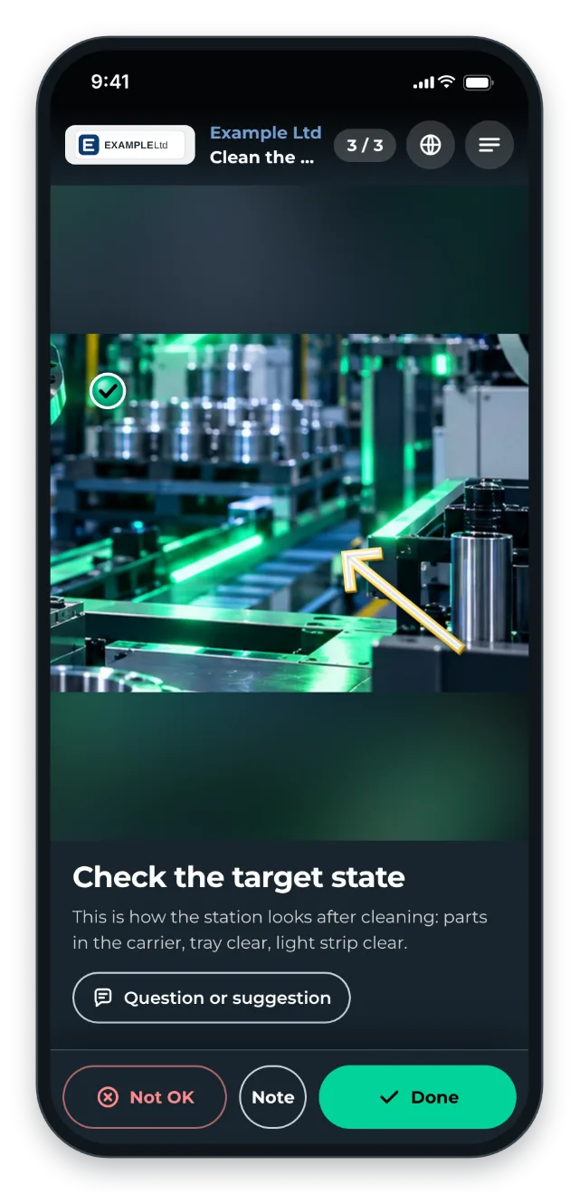 Target state after cleaning on a phone: a tick and an arrow mark the critical spots