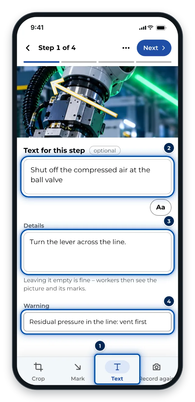 The Text tab on a phone with title, details and warning