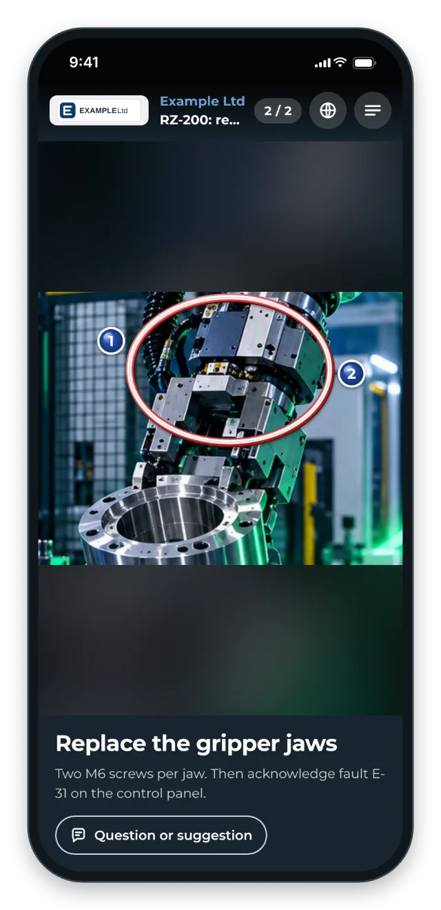 Service instruction on a phone: a circle and numbers show the screws, the fault code is in the text
